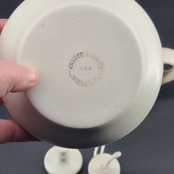 Vintage Kravec Studios Signed Pottery Ceramic Oil Lamp Set Ivory Bisque Etched - Picture 4 of 4